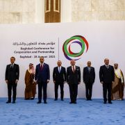 Officials from Kuwait, Qatar, France, Saudi Arabia, Iraq, Turkey, Jordan, Egypt, Iran and the United Arab Emirates, along with representatives from the Organization of Islamic Cooperation (OIC), Arab League and Gulf Cooperation Council (GCC) pose for a group photo after the meeting in Baghdad on Aug. 28, 2021. Officials from Kuwait, Qatar, France, Saudi Arabia, Iraq, Turkey, Jordan, Egypt, Iran and the United Arab Emirates, along with representatives from the Organization of Islamic Cooperation (OIC), Arab League and Gulf Cooperation Council (GCC) pose for a group photo after the meeting in Baghdad on Aug. 28, 2021.