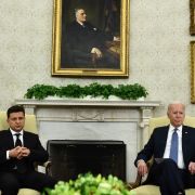U.S. President Joe Biden (right) meets with Ukrainian President Volodymyr Zelensky in the Oval Office of the White House on Sept. 1, 2021. U.S. President Joe Biden (right) meets with Ukrainian President Volodymyr Zelensky in the Oval Office of the White House on Sept. 1, 2021.