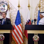 U.S. Secretary of State Antony Blinken (left) and Qatari Foreign Minister Mohammad bin Abdulrahman Al Thani hold a joint press conference on the Afghanistan crisis in the Qatari capital of Doha on Sept. 7, 2021. 