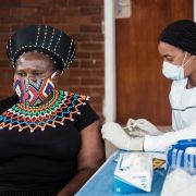 A woman receives a jab of a COVID-19 vaccine in Durban, South Africa, on Sept. 24, 2021. 