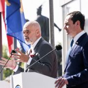 Kosovo Prime Minister Albin Kurti (right) and his Albanian counterpart, Edi Rama, hold a joint press conference in Pristina on Sept. 27, 2021. 