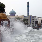 High waves break on the seaside promenade in Muscat on Oct. 2, 2021, the day before Cyclone Shaheen officially made landfall in Oman. High waves break on the seaside promenade in Muscat on Oct. 2, 2021, the day before Cyclone Shaheen officially made landfall in Oman.