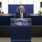EU Economy Commissioner Paolo Gentiloni addresses the European Parliament in Strasbourg, France, on Oct. 6, 2021. EU Economy Commissioner Paolo Gentiloni addresses the European Parliament in Strasbourg, France, on Oct. 6, 2021.