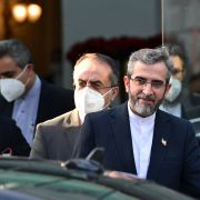 Iran's chief nuclear negotiator Ali Bagheri Kani (right) and members of his delegation are seen leaving the venue of the Joint Comprehensive Plan of Action (JCPOA) talks in Vienna, Austria, on Dec. 3, 2021. 
