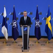 NATO Secretary-General Jens Stoltenberg (center), Finnish Foreign Minister Pekka Haavisto (left) and Swedish Foreign Minister Ann Linde (right) give a press conference after their meeting at the NATO headquarters in Brussels, Belgium, on Jan. 24, 2022. NATO Secretary-General Jens Stoltenberg (center), Finnish Foreign Minister Pekka Haavisto (left) and Swedish Foreign Minister Ann Linde (right) give a press conference after their meeting at the NATO headquarters in Brussels, Belgium, on Jan. 24, 2022.