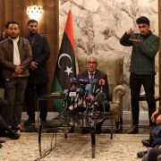 Fathi Bashagha delivers a speech in Tripoli, Libya, after east-based lawmakers named him as the head of a new interim government on Feb. 10, 2022. Fathi Bashagha delivers a speech in Tripoli, Libya, after east-based lawmakers named him as the head of a new interim government on Feb. 10, 2022.
