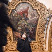 A photo taken at a Moscow metro station on March 1, 2022, shows a mosaic panel depicting the liberation of Kyiv by Russia's Red Army in 1943.