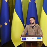 European Council President Charles Michel (left) and Ukrainian President Volodymyr Zelensky hold a joint press conference following their talks in Kyiv on April 20, 2022. 