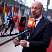 European Council president Charles Michel talks with the press on May 30, 2022, after arriving in Brussels, Belgium, for a special EU meeting focused on the war in Ukraine and sanctions against Russia. European Council president Charles Michel talks with the press on May 30, 2022, after arriving in Brussels, Belgium, for a special EU meeting focused on the war in Ukraine and sanctions against Russia.