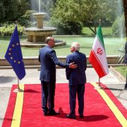 Iranian Foreign Minister Hossein Amirabdollahian (left) welcomes EU foreign policy chief Josep Borell in Tehran on June 25, 2022. 