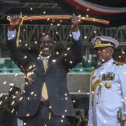 Incoming Kenyan President William Ruto lifts a sword at the Moi International Sports Center Kasarani in Nairobi, Kenya, during his inauguration ceremony on Sept. 13, 2022.
