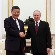 Russian President Vladimir Putin (right) meets with Chinese President Xi Jinping at the Kremlin in Moscow on March 20, 2023. 
