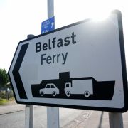 A sign is seen at Stena Line's Irish Sea ferry terminal in Liverpool on Sept. 7, 2021. A sign is seen at Stena Line's Irish Sea ferry terminal in Liverpool on Sept. 7, 2021.