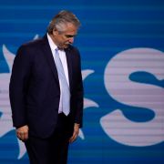 Argentine President Alberto Fernandez looks down from the stage at a Frente de Todos event in Buenos Aires, Argentina, on Nov. 14, 2021. 