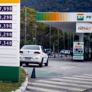 A list of prices is seen at a gas station operated by the Brazilian state-run oil company Petrobras in Rio de Janeiro, Brazil, on March 12, 2022. Petrobras announced fuel price increases due to the Russia-Ukraine conflict, which has spiked global crude prices. 