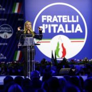 Giorgia Meloni, the leader of the right-wing Brothers of Italy party, gives a speech at a political rally in Milan, Italy, on April 29, 2022. 