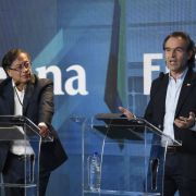 Centrist candidate Federico Gutierrez (right) speaks next to left-wing candidate Gustavo Petro (left) in Bogota on May 23, 2022, during the last presidential debate before Colombians begin casting ballots to elect their next leader. 