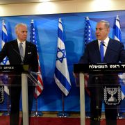 Then-U.S. Vice President Joe Biden (left) listens to Israeli Prime Minister Benjamin Netanyahu talk during a joint press conference in Jerusalem, Israel, on March 9, 2016. Then-U.S. Vice President Joe Biden (left) listens to Israeli Prime Minister Benjamin Netanyahu talk during a joint press conference in Jerusalem, Israel, on March 9, 2016.