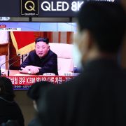 A TV at the Seoul Railway Station on March 24, 2022, in Seoul, South Korea, shows a file image of preparations for a North Korean missile launch.