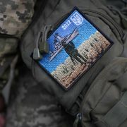 A Ukrainian soldier wears a "Snake Island" embroidered badge on his uniform on May 17, 2022, in Kyiv, Ukraine. 