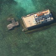An aerial photograph taken by the Philippine Air Force in November 2003 shows Chinese-built structures near the disputed Spratly Islands in the South China Sea. 