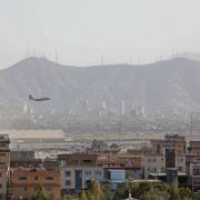 A military aircraft takes off from the airport in Kabul, Afghanistan, on Aug. 27, 2021.