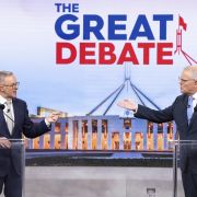 Australian opposition leader Anthony Albanese and Australian Prime Minister Scott Morrison (R) debate on live TV ahead of the federal election on May 8, 2022, in Sydney. 