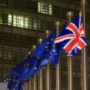 EU and British flags Dec. 9, 2020, in front of the headquarters of the European Commission in Brussels.