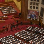 Chinese President Xi Jinping is seen on a large screen at the opening session of the National People's Congress on March 5, 2021, in Beijing, China. Chinese President Xi Jinping is seen on a large screen at the opening session of the National People's Congress on March 5, 2021, in Beijing, China.