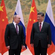 Russian President Vladimir Putin (L) and Chinese President Xi Jinping pose during their Feb. 4, 2022, meeting in Beijing.