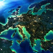 A satellite image shows Europe at night. A satellite image shows Europe at night.