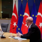 European Commission President Ursula von der Leyen and the EU Council President Charles Michel hold a conference call with Turkish President Recep Tayyip Erdogan on March 19, 2021.
