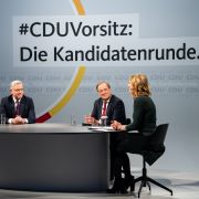 German journalist Tanja Samrotzki (right) moderates a panel with the candidates vying for the leadership post of Chancellor Angela Merkel’s Christian Democratic Union (CDU) party -- Friedrich Merz, Norbert Roettgen and Armin Laschet (from left to right) -- on Dec. 14, 2020, in Berlin, Germany. German journalist Tanja Samrotzki (right) moderates a panel with the candidates vying for the leadership post of Chancellor Angela Merkel’s Christian Democratic Union (CDU) party -- Friedrich Merz, Norbert Roettgen and Armin Laschet (from left to right) -- on Dec. 14, 2020, in Berlin, Germany.