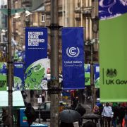 COP26 banners hang from lamp posts Oct. 29, 2021, in Glasgow, Scotland ahead of the start of the climate summit.