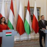 Hungarian President Katalin Novak (L) and Polish President Andrzej Duda on May 17, 2022, in Warsaw, Poland.