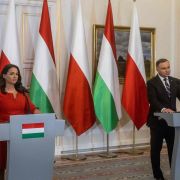 Hungarian President Katalin Novak (L) and Polish President Andrzej Duda on May 17, 2022, in Warsaw, Poland. Hungarian President Katalin Novak (L) and Polish President Andrzej Duda on May 17, 2022, in Warsaw, Poland.