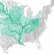 A map of the waterways in the Mississippi River Basin, derived from geographic information systems (GIS) technology.