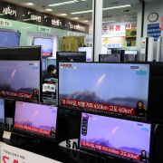TV screens show the launch of North Korean missiles on March 25, 2021, in Seoul, South Korea. TV screens show the launch of North Korean missiles on March 25, 2021, in Seoul, South Korea.