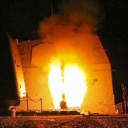 The guided-missile cruiser USS Monterey fires a Tomahawk land attack missile on April 13, 2018, against the Syrian government.