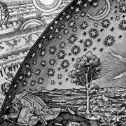 An illustration from a sixteenth-century German book on the cosmos depicts an old man penetrating the earth's firmament to see the workings of the universe beyond, circa 1550.