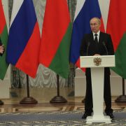 Russian President Vladimir Putin (right) and Belarusian President Alexander Lukashenko hold a joint press conference in Moscow on Sept. 9, 2021. Russian President Vladimir Putin (right) and Belarusian President Alexander Lukashenko hold a joint press conference in Moscow on Sept. 9, 2021.