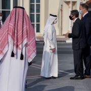 U.S. Secretary of State Antony Blinken speaks with Qatari government officials before boarding an aircraft in Doha on Sept. 8, 2021. U.S. Secretary of State Antony Blinken speaks with Qatari government officials before boarding an aircraft in Doha on Sept. 8, 2021.