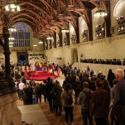 Members of the public file past the coffin of Queen Elizabeth II at the Palace of Westminster on Sept. 16, 2022, in London, England. Members of the public file past the coffin of Queen Elizabeth II at the Palace of Westminster on Sept. 16, 2022, in London, England.
