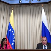 Russian Foreign Minister Sergei Lavrov (right) holds a joint press conference with Venezuelan Vice President Delcy Rodriguez following their meeting in Moscow on Mar. 1, 2019.