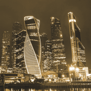 Moscow's skyline gleams against the night sky.