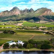 An evening aerial view of the Eikendal Vineyards winery estate on the slopes of the Helderberg Mountain during harvest season on March 15 in Western Cape province's wine-producing town of Stellenbosch, South Africa.