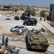 Russian military vehicles are seen in the southern Syrian city of Daraa on Sept. 6, 2021. Russian military vehicles are seen in the southern Syrian city of Daraa on Sept. 6, 2021.