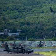 A Taiwanese military UH-60 black hawk helicopter takes off during a live-fire drill on Aug. 9, 2022, in Pingtung, Taiwan. 