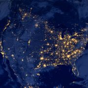 A satellite image of the United States at night. 