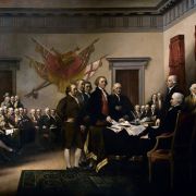 A painting of the Declaration of Independence by John Trumbull (1756-1843). 